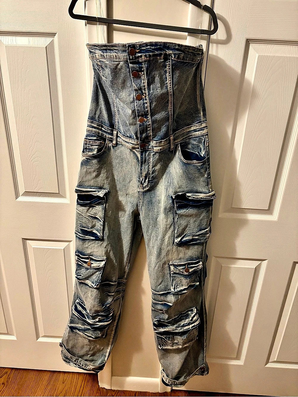 Daisy Strapless Denim Cargo Jumpsuit Women's Size XL - Super Stretch